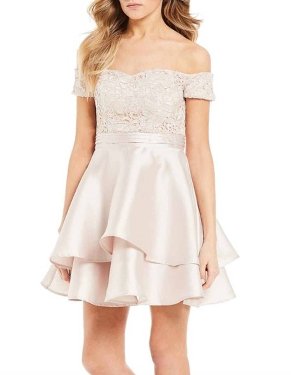 Sequin Heart Floral Lace Off The Shoulder Soft Pink Dress Formal Cocktail Size 5